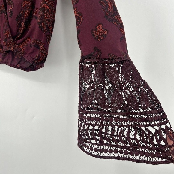 Sun & Shadow Burgundy Drape Front Crop Top Long Crochet Bell Sleeves Size XS - Picture 4 of 10